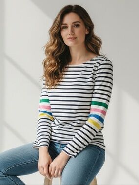 BODEN Tee Shirt Striped NWT Cotton Long Sleeves Black White Blue Yellow Pink 6